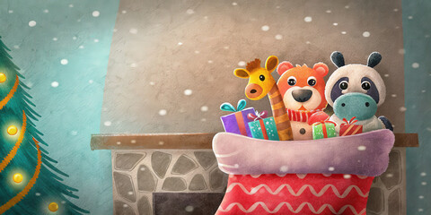 Christmas holiday lifestyle scene with stuffed animal toys and gifts in stocking by decorated tree and fireplace during snowfall