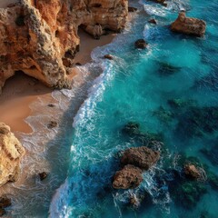 Discover serene beauty with turquoise waters meeting majestic cliffs, creating a tranquil escape, perfect for travel brochures and coastal promotions.