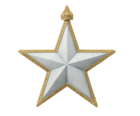 A single, ornate, silver and gold fivepointed star ornament with a decorative golden finial at the top, isolated on a transparent background
