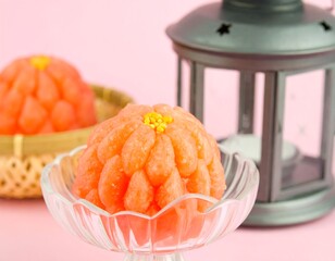 Pink sculpted fruit dessert in glass dish