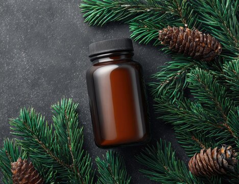 Dark brown pill bottle surrounded by evergreen sprigs and pine cones on a dark gray surface