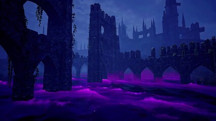 Dark castle ruins glowing purple water ancient stone - Powered by Adobe