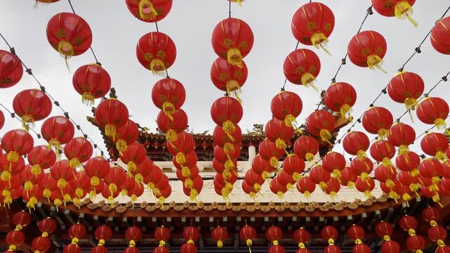Traditional red lanterns decorate Thean Hou Temple in Kuala Lumpur, Malaysia, creating a vibrant festive scene