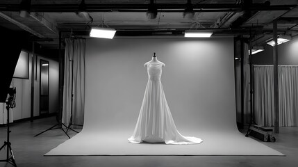 Elegant white wedding dress on a mannequin in a photography studio, showcasing bridal fashion and design in a professional setting with lighting equipment