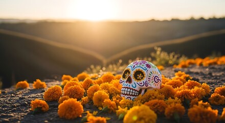 Colorful sugar skull and marigolds at golden hour, capturing the essence of Dia de los Muertos and Mexican cultural celebration.