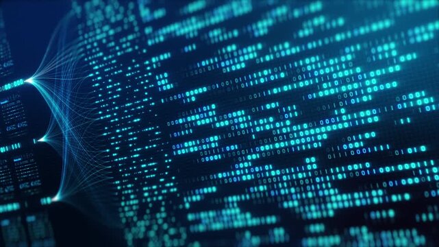 Neural Network Big Data Flow Visualization, Binary Code Matrix, AI Machine Learning Abstract Background, Quantum Computing, Cyber Security, Futuristic Technology Artificial Intelligence Digital Grid - Powered by Adobe
