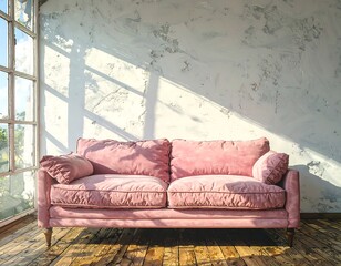 Pink sofa in a sunlit room
