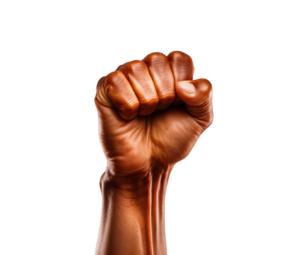 Closeup of a clenched fist raised in the air, symbolizing power, strength, protest, and solidarity, isolated on transparent background