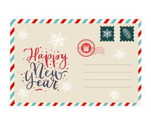 Festive Christmas Postcard Design with Decorated Christmas Tree, Holiday Gifts, Red Background, Airmail Border, and Seasonal Postage Stamp for Holiday Greetings and Winter Celebrations