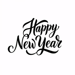 Elegant handwritten "Happy New Year" calligraphy in bold black script, perfect for festive greetings and celebratory designs.