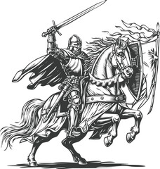 Medieval knight on winged horse with sword raised, monochrome illustration, engraving art, vintage style
