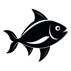 Obraz premium Illustration of a black fish with fins and a tail swimming to the right on a white background