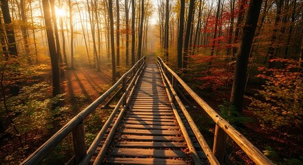 Golden light illuminates a tranquil wooden boardwalk winding through a vibrant autumn forest