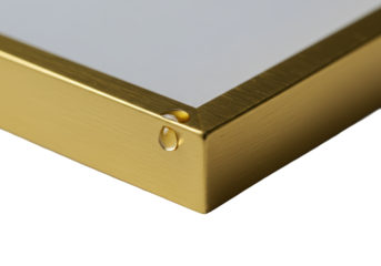 Extreme macro of a glistening water droplet rolling down the satin-smooth, liquid-gold edge of an elegant rectangular frame on a transparent background, pristine precision concept