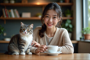 Adorable Asian Woman & Cat Enjoying a Morning Coffee Break
