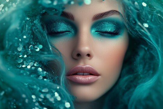 Glamorous turquoise glitter eye makeup with dramatic lashes and glossy lips. Makeup in transformative teal colors. Color of the Year for 2026.