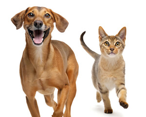 Fototapeta premium A happy brown dog with open mouth running alongside a light brown cat on a white background studio shot