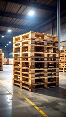 Wooden pallets stacked in warehouse