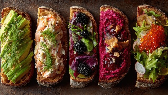 Toasts arrayed, topped with avocado, salmon, berries, beets, caviar