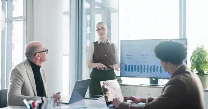 Business woman, team and presentation with chart for finance forecasting, market trends and stats. Financial analyst, people and graph screen with data collection for company performance in office