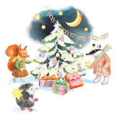 Animals decorate the christmas tree. Watercolor illustration. For fabric, wallpaper, packing paper, greeting cards, design, decoration and illustration.