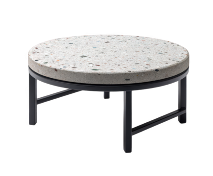 A round terrazzo coffee table with a black metal frame, isolated on transparent background