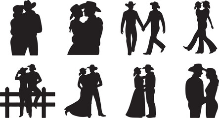 Cowboy and Cowgirl Silhouettes in Various Romantic Poses couple romance