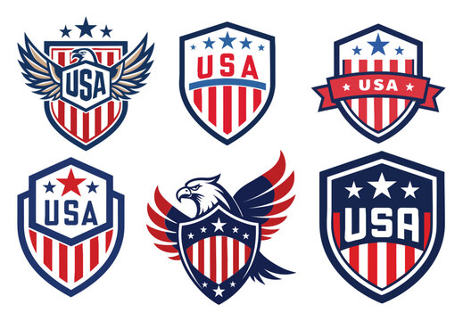 USA patriotic flag and eagle shield badge vector icon illustration design for vintage sport label or emblem