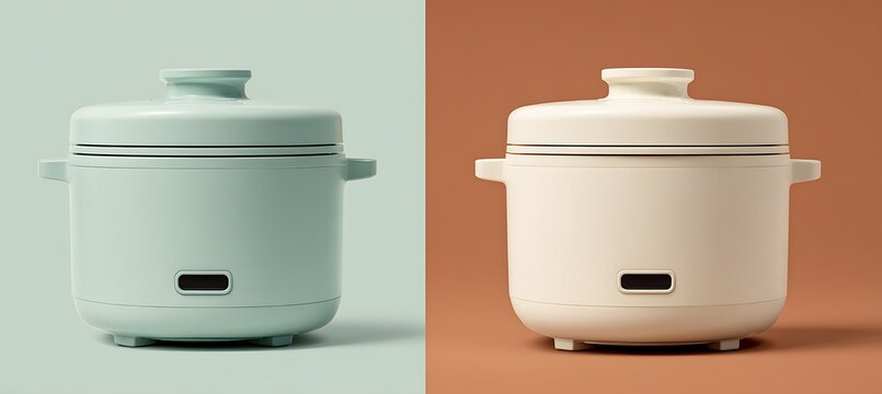 Twotone electric mini rice cooker isolated on white background, designed for small portions, perfect for single person or couple, easy to use and clean