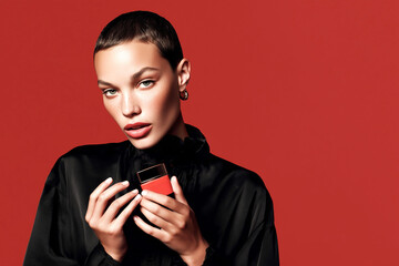 Female model with a short haircut holding a red glass cosmetic jar in studio against a red background. Modern beauty and skincare advertising concept.