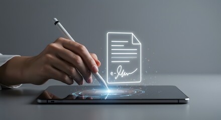 Businessperson electronically signing a digital contract with a stylus on a tablet. Concept of e-signing, paperless agreement, and modern technology