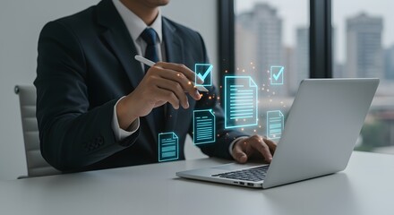 Business professional managing digital documents on laptop with virtual interface, demonstrating modern data management and workflow optimization