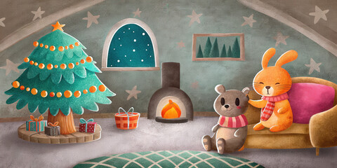 Christmas tree holiday lifestyle cozy room with fireplace and cute bunny and bear toys sitting near sofa