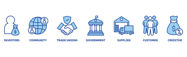 Stakeholder icon set illustration illustration concept with icon of investors, community, trade unions, government, supplier, customer, creditor 