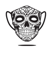 Black and White Día de los Muertos Sugar Skull Face Mask - Mexican Holiday Vector Illustration