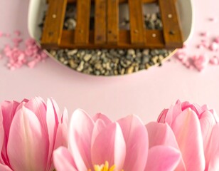 Pink tulips and wooden slats on a tray