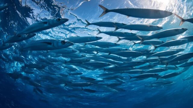 Vibrant school of silver fish gracefully swimming in the deep blue ocean, bathed in natural sunlight from the water's surface.