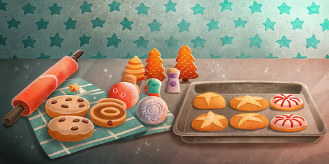 Christmas cookie baking holiday lifestyle with rolling pin and festive treats on tray and cloth with star pattern background