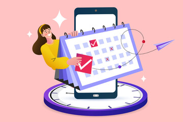 Schedule planning and time management concept. A woman with a calendar and a clock uses a mobile app for booking events and organizing her agenda. Vector illustration for productivity.