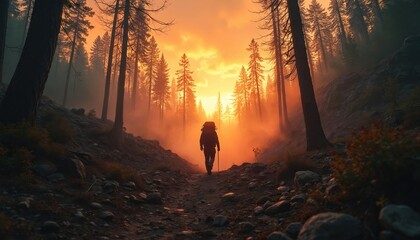 Backpacker hikes forest trail at sunset. Orange sky glows through mist, tall trees line rocky path. Person with backpack and walking stick ventures into wilderness.