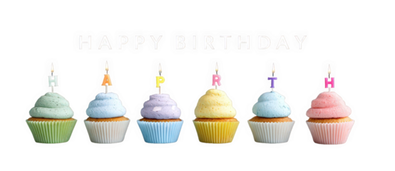 Six colorful cupcakes with birthday candles spelling out happy birthday, isolated on transparent background