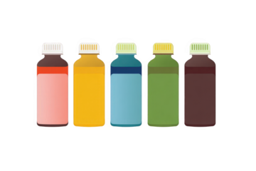 A collection of five colorful medicine bottles with white caps, each containing a different colored liquid, isolated on a transparent background