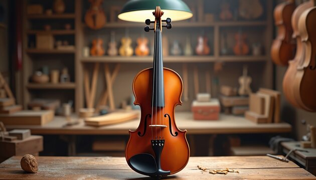 Antique violin on wooden workbench in luthier workshop. Violin maker tools and wooden parts are nearby. Shelves with various violins and string instruments are in the background. - Powered by Adobe