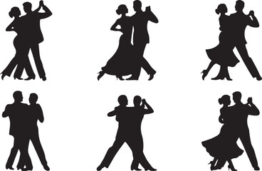 Six black silhouettes of couples dancing ballroom dances on a white background vector