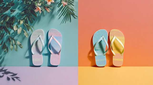 Two pairs of flip flops on a colorful background with tropical leaves creating a vibrant summer vibe and a sense of relaxation and vacation