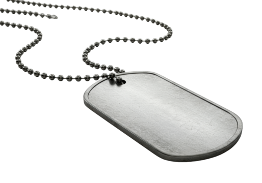 Extreme close-up of a blank silver military dog tag with micro-scratches and a burnished gleam, a metal ball chain under tension, on a transparent background, precision product photography concept - Powered by Adobe