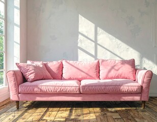 Pink velvet sofa in a sunlit room