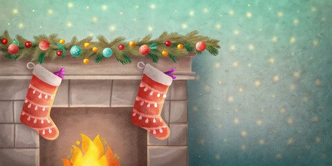 Christmas holiday lifestyle scene with cozy fireplace decorated with stockings and garland glowing warmly in festive spirit