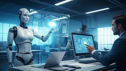Futuristic humanoid robot collaborates with businessman on holographic interface displaying complex data streams in modern tech office environment - Powered by Adobe