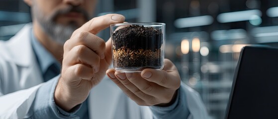 Scientist presenting a layered soil sample in a laboratory setting during a research demonstration